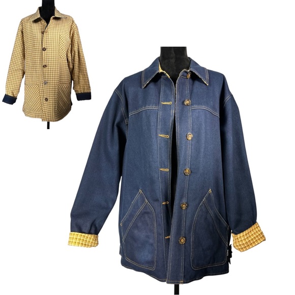 Kenneth Cole Blue Denim Reversible Jacket Yellow Paid Utility Chore Coat Women’s - Picture 1 of 15